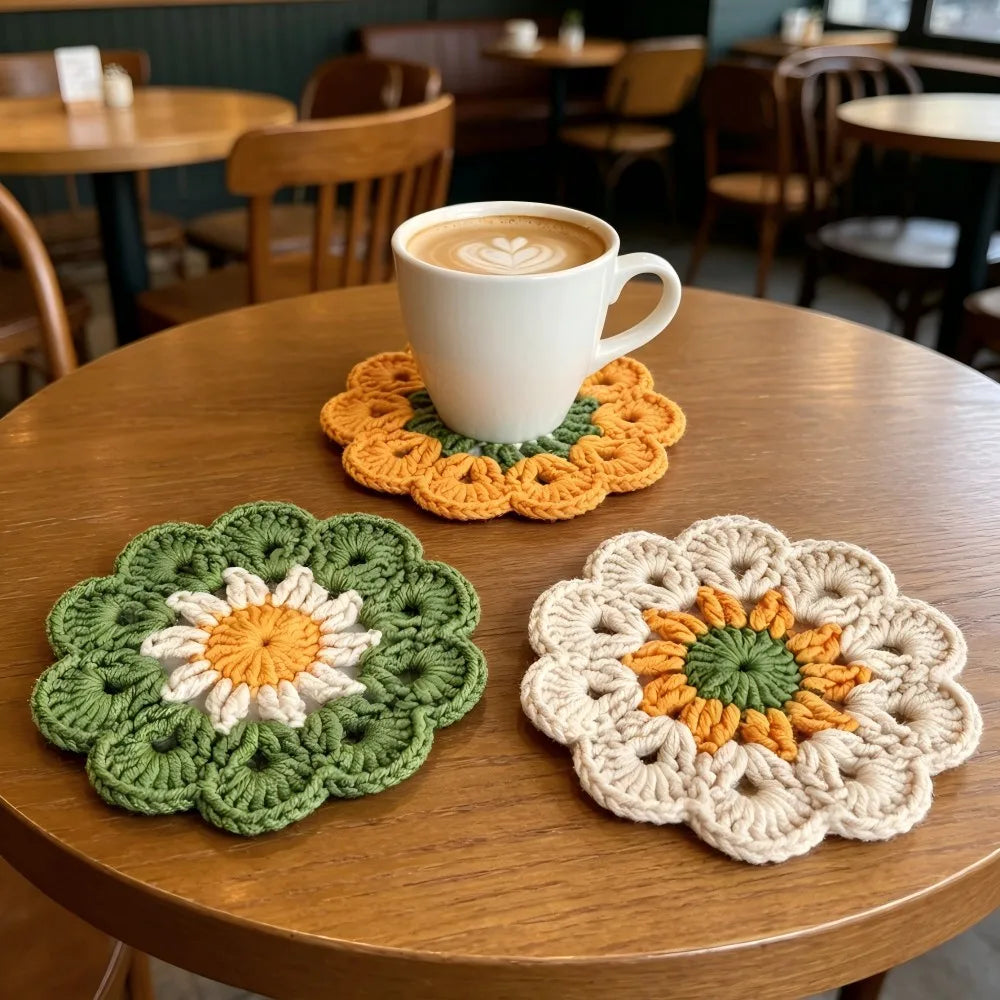 Crochet Flower Drink Coaster Set of 3 for Coffee Tables Soft Floral Kitchen Decor and Gifts