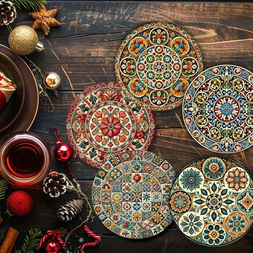 Moroccan Mandorla Wooden Coaster Set of 8, Botanical-Inspired Round Cup Mats for Coffee Tables and Everyday Dining