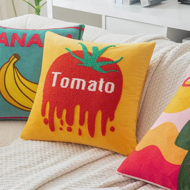 Sunny Market Fruit Embroidered Pillow Cover – 45 × 45 cm