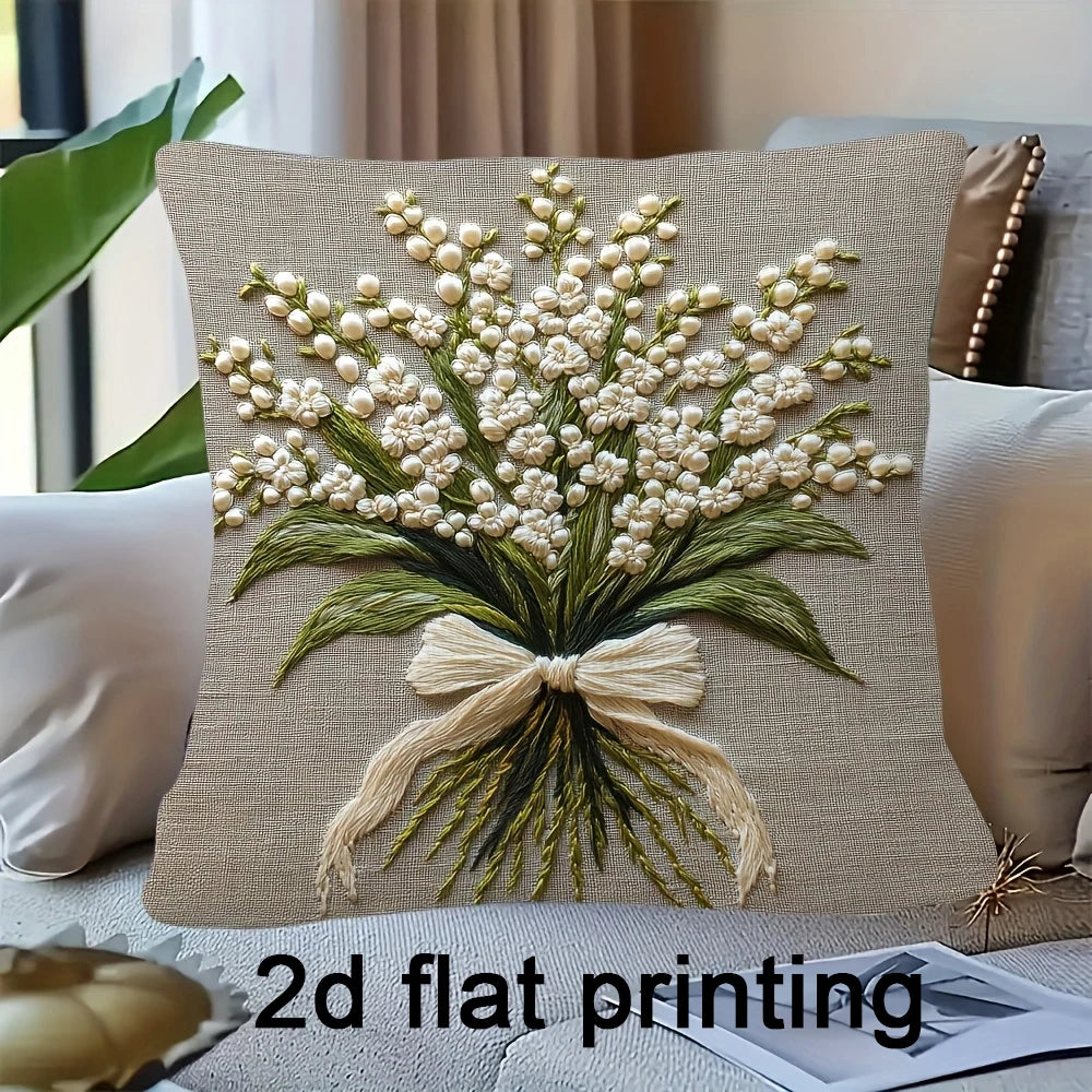 Botanical Stitch-Effect Printed Pillow Cover