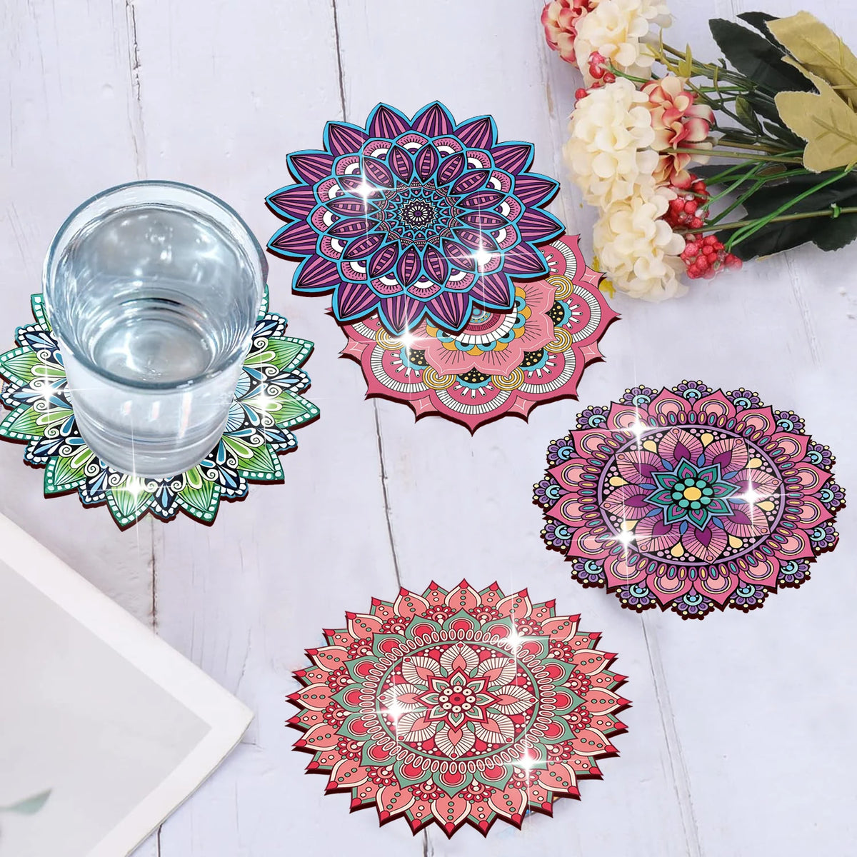 Colorful Mandala Wooden Drink Coaster Set for Coffee Tables Boho Kitchen and Holiday Gifts