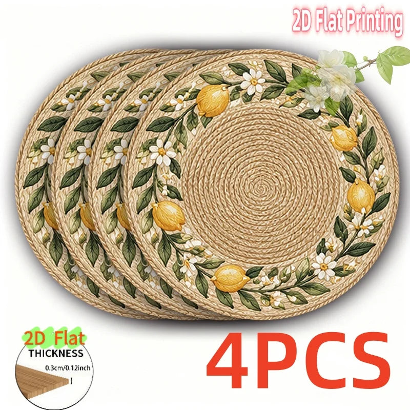Lemon and Floral Rattan-Look Wooden Table Mats Set of 4, Flat Printed Placemats for Cheerful Dining and Summer Hosting