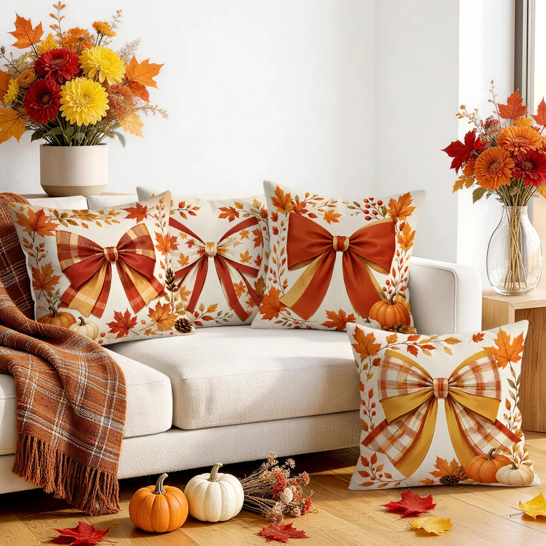 Autumn Ribbon Bow Printed Pillow Covers – 45 × 45 cm