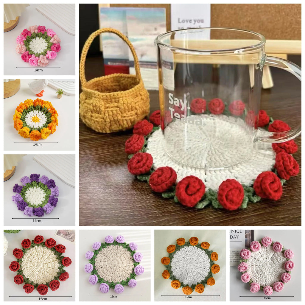 Rose Flower Crochet Style Coaster for Coffee Tables Kitchen Decor and Thoughtful Gifts