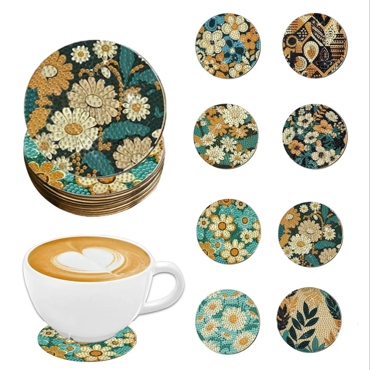 Floral DIY Diamond Painting Coaster Kit Set of 8 | Colorful Mosaic Drink Coasters for Creative Coffee Tables