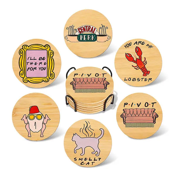 Playful Cat and Lobster Wooden Coaster Set of 6 with Holder, 4 Inch Cork Backed Drink Mats for Coffee Tables and Gift Giving