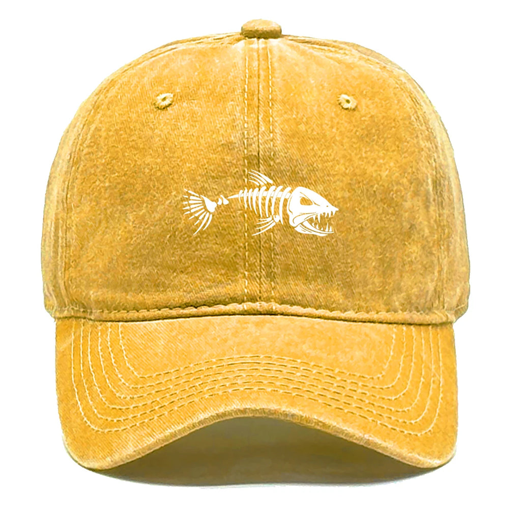 Vintage Washed Fish Skeleton Baseball Cap | Distressed Unisex Snapback Trucker Hat
