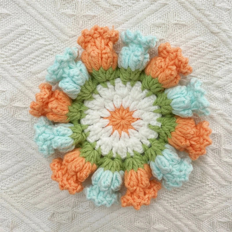 Crochet Rose Flower Drink Coasters for Coffee Tables Handmade Style Floral Kitchen Decor