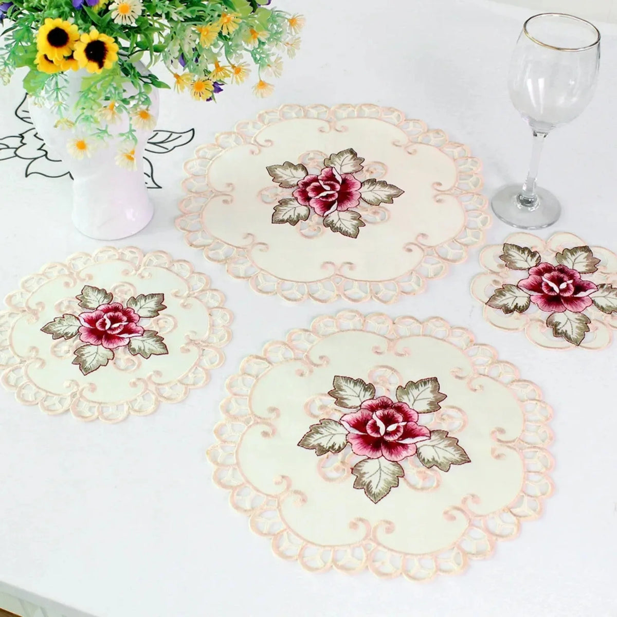 Floral Embroidered Satin Table Mats Set of 4, 20 cm Round Fabric Accents for Tea Tables, Dessert Plates and Cozy Dining
