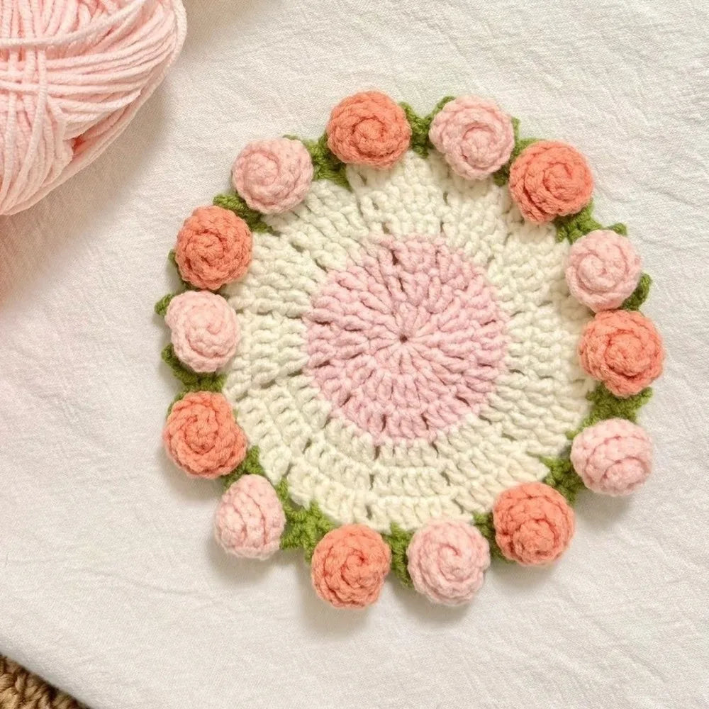 Mini Daisy Bouquet Crochet Drink Coaster with Basket for Coffee Tables and Floral Gifts