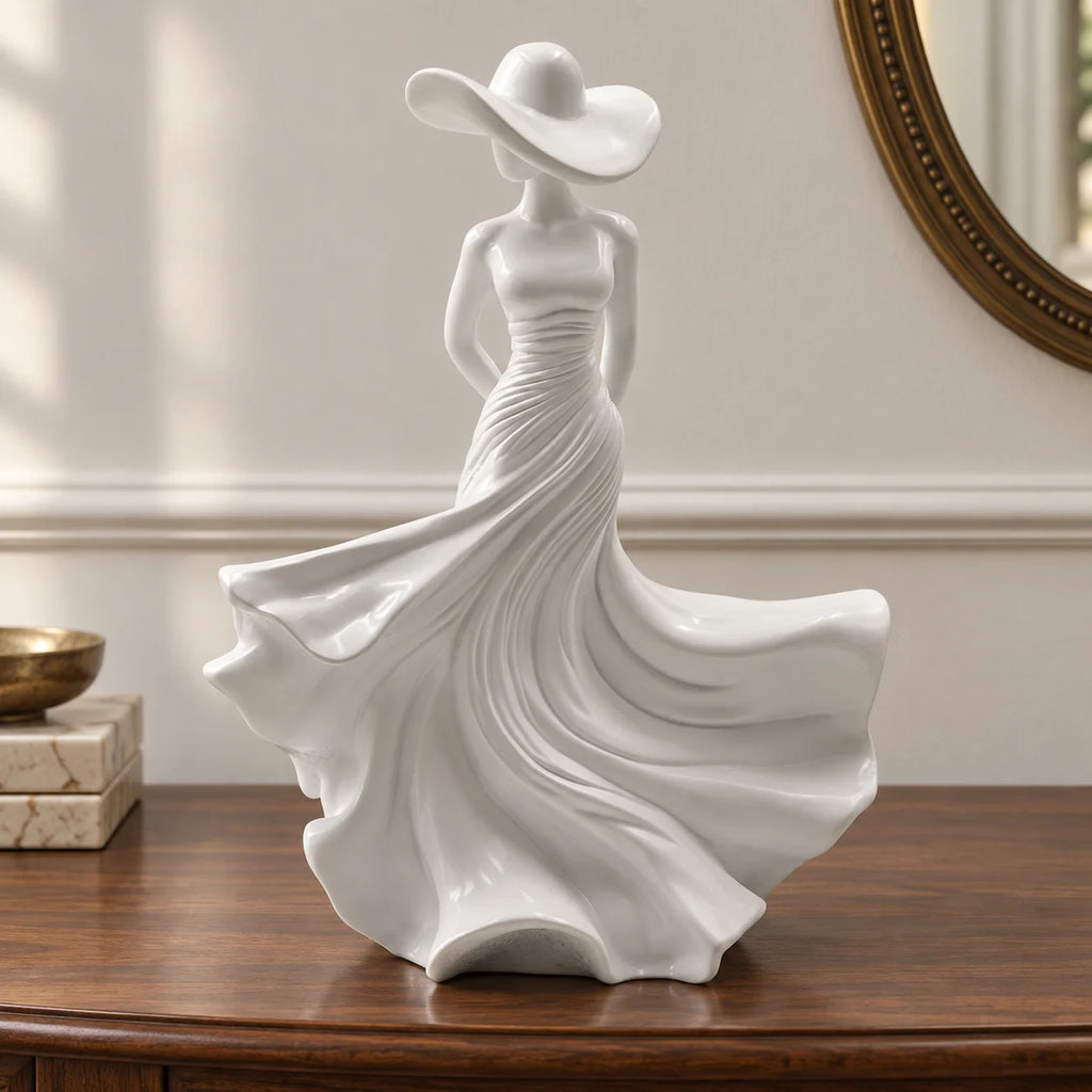 White Lady Resin Sculpture with Wide Brim Hat, Elegant Figurine for Desk, Shelf and Living Room Decor, Two Styles