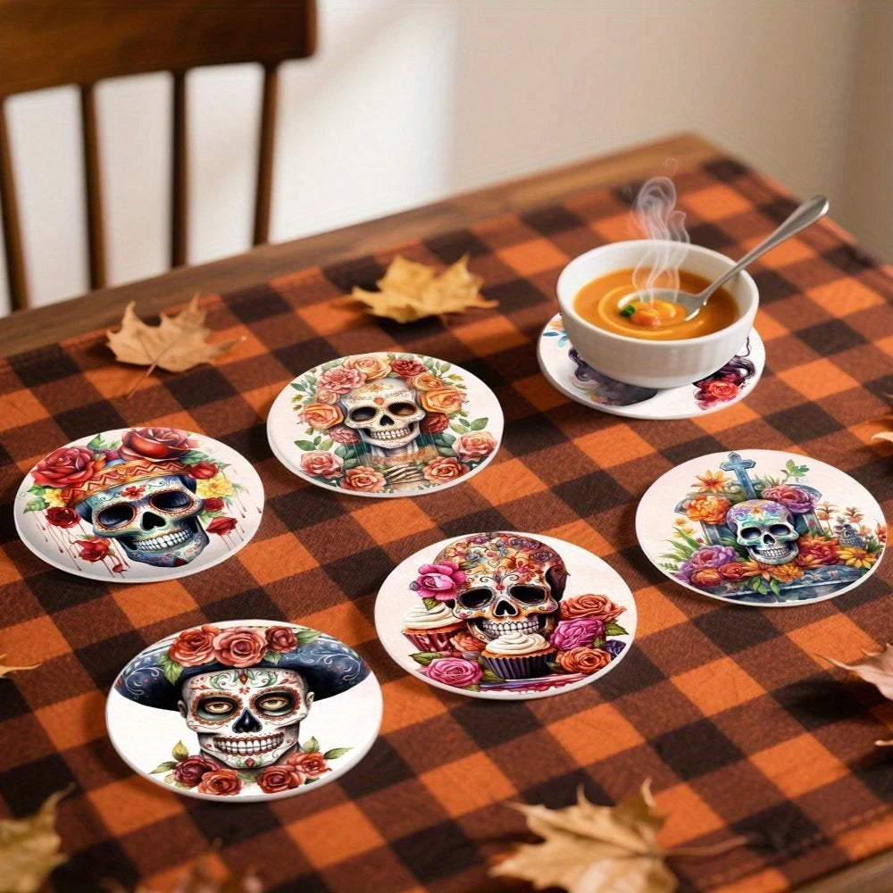 Floral Skull Wooden Drink Coasters, Set of 6 Printed 10 cm Cup Mats for Halloween Tables, Coffee Corners and Themed Gatherings
