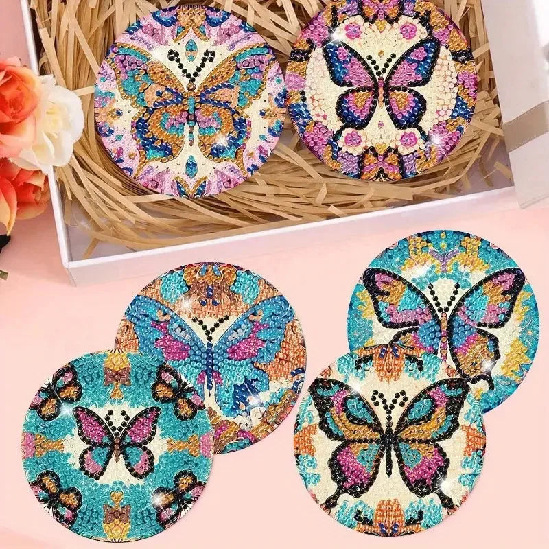Butterfly Diamond Painting Coaster DIY Kit of 8 with Holder, 9.7 cm Sparkling Craft Drink Mats for Adults and Creative Gifts