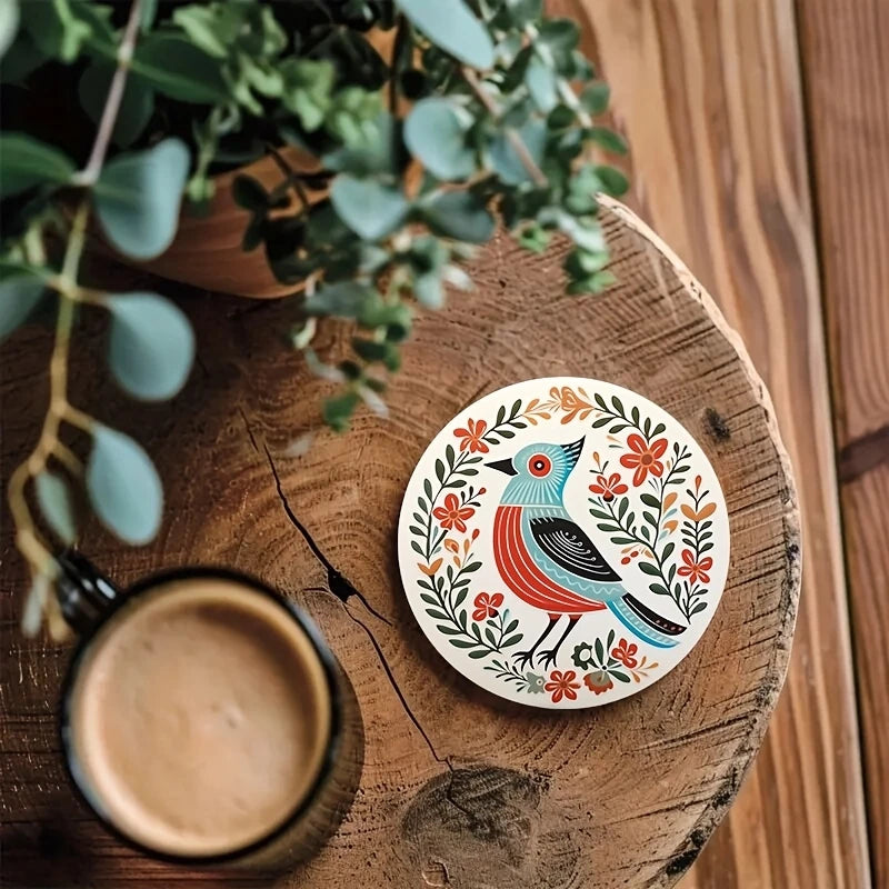 Bohemian Bird and Flower Wooden Drink Coaster Set for Coffee Tables and Colorful Home Decor