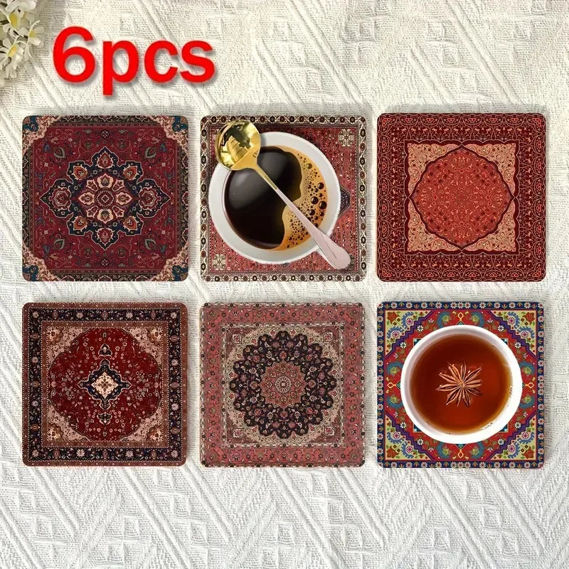 Mandala Floral Wooden Drink Coaster Set of 6 | Colorful Boho Cup Mats for Coffee Tables and Housewarming Gifts