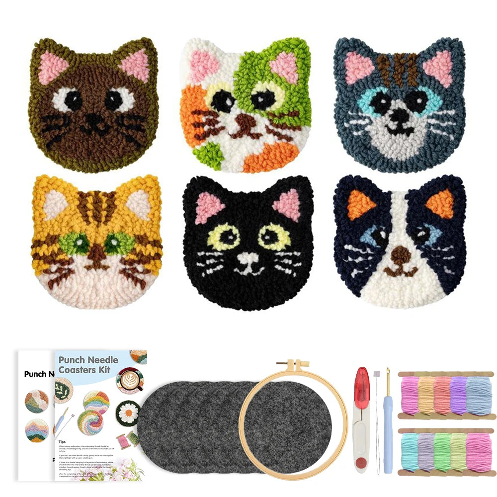 Cat Punch Needle Coaster Craft Kit for Beginners Handmade Animal Mug Rugs and Creative Gifts
