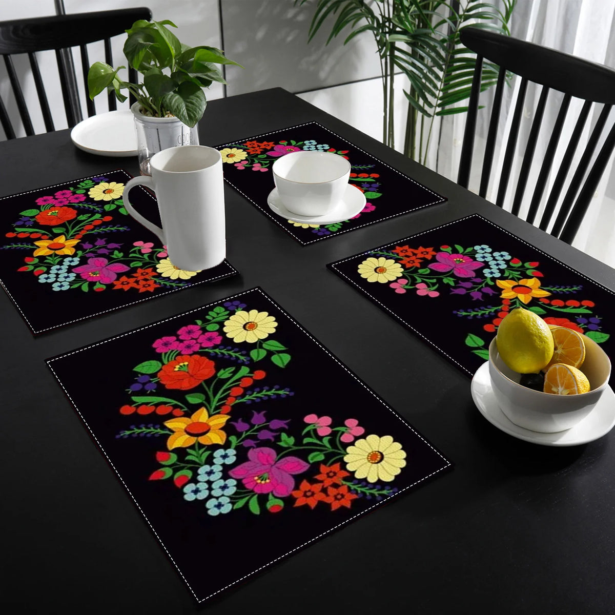 Colorful Floral Embroidered Table Mat Set for Dining Tables Boho Kitchen and Party Decor