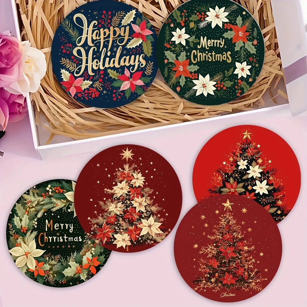 Colorful Christmas Tree Wooden Coaster Set of 6, 10 cm Printed Holiday Drink Mats for Festive Coffee Tables and Tea Cups