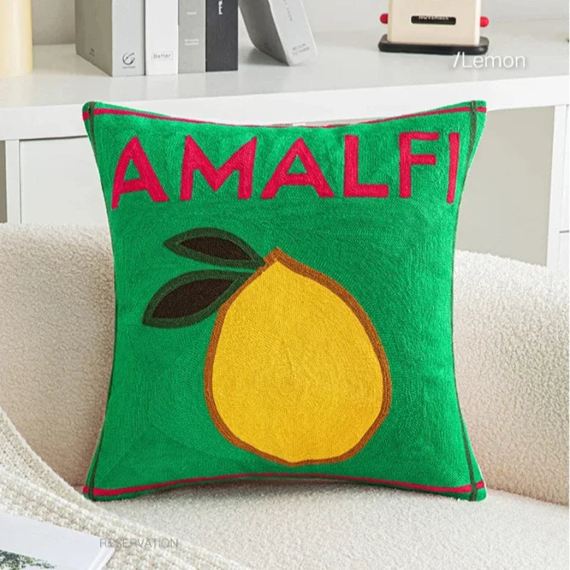 Sunny Market Fruit Embroidered Pillow Cover – 45 × 45 cm