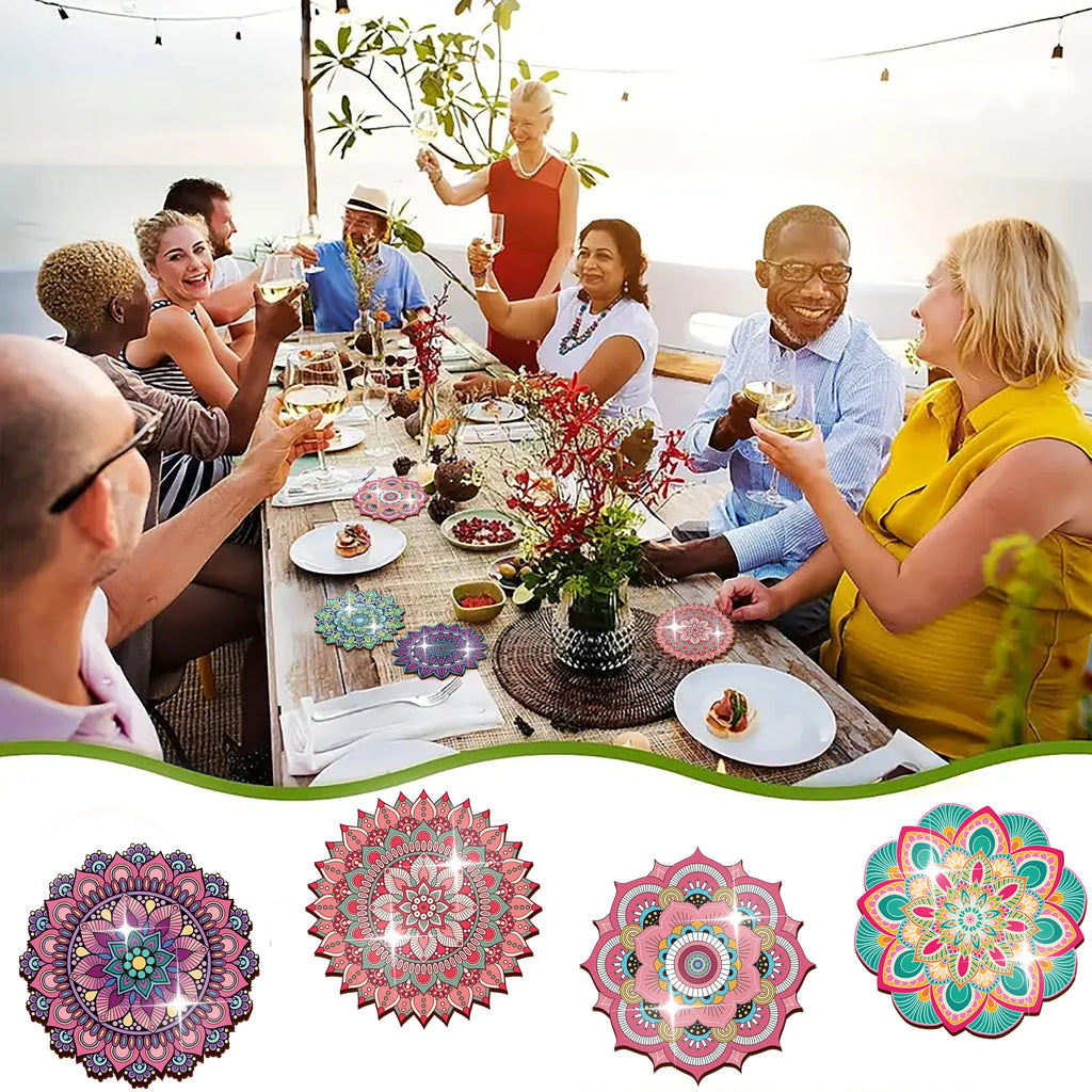 Colorful Mandala Wooden Drink Coaster Set for Coffee Tables Boho Kitchen and Holiday Gifts