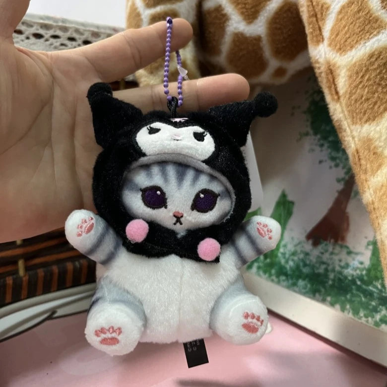 “12cm Sanrio-Style Transforming Cat Plush Toys - Cute Costume Cat Stuffed Animals, Mini Plush Keychain/Backpack Pendant for Kids & Kawaii Lovers”