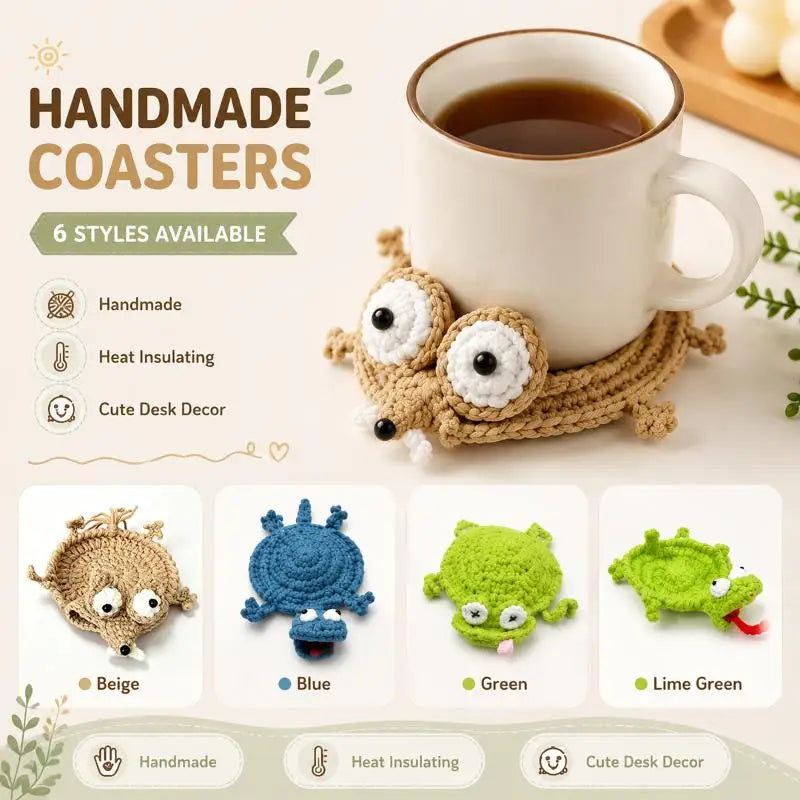 Handmade Animal Crochet Cotton Drink Coaster, Playful Cup Mat for Coffee Table, Desk and Cozy Home Decor