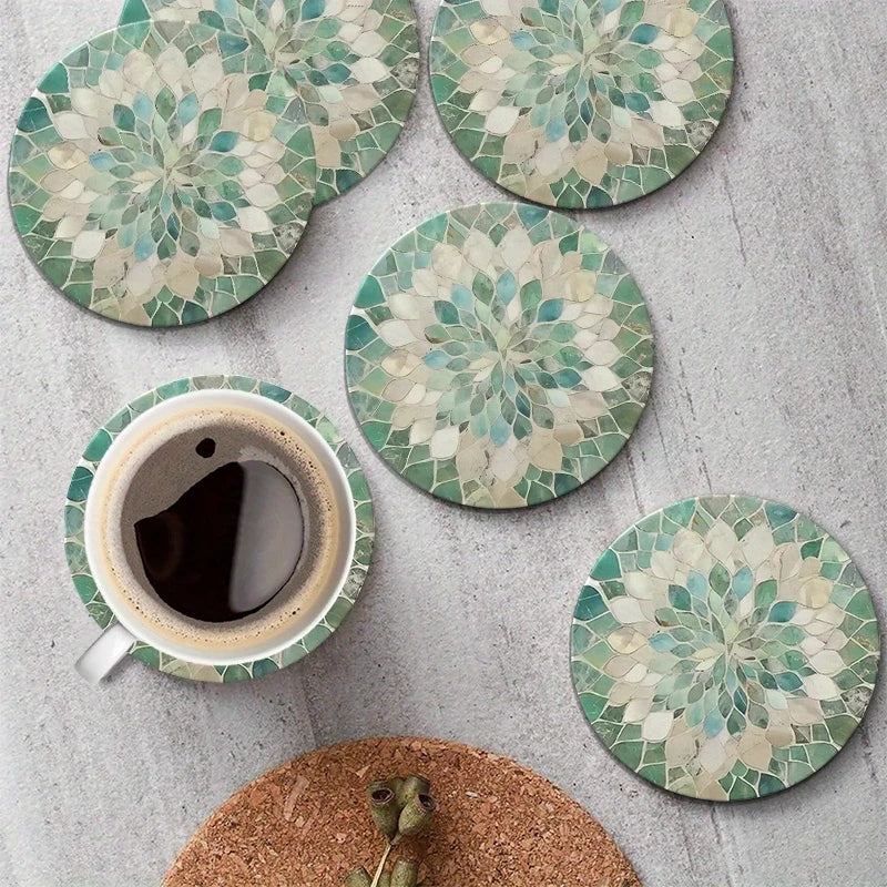 Green Gradient Leaf Wooden Coaster Set of 6, 10 cm Printed Botanical Drink Mats for Coffee Tables, Tea Cups and Everyday Home Decor