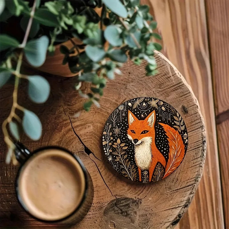 Colorful Fox Wooden Coaster Set of 8, 10 cm Printed Boho Drink Mats for Coffee Tables, Tea Cups and Playful Home Decor