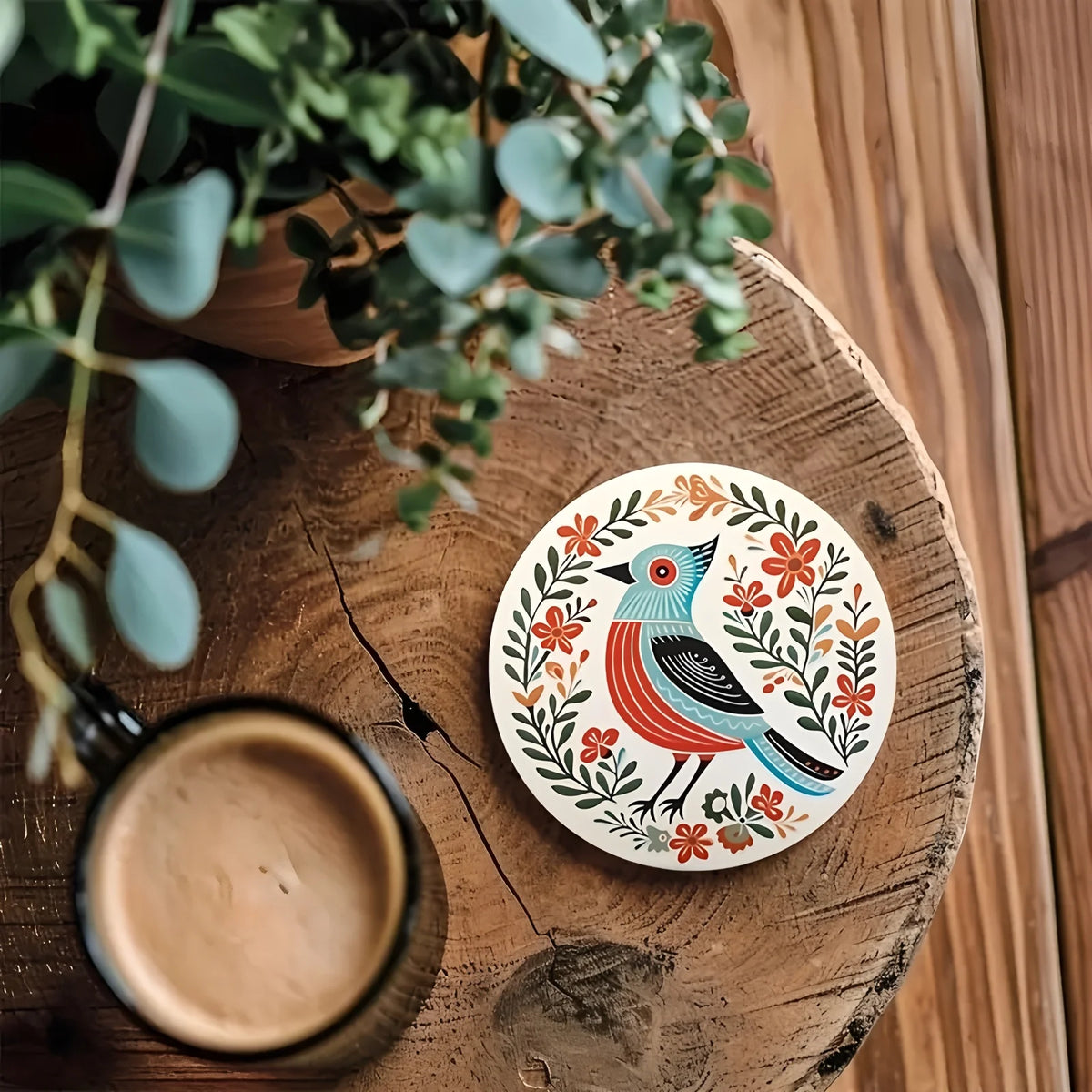 Bohemian Bird and Flower Wooden Drink Coaster Set for Coffee Tables and Colorful Home Decor