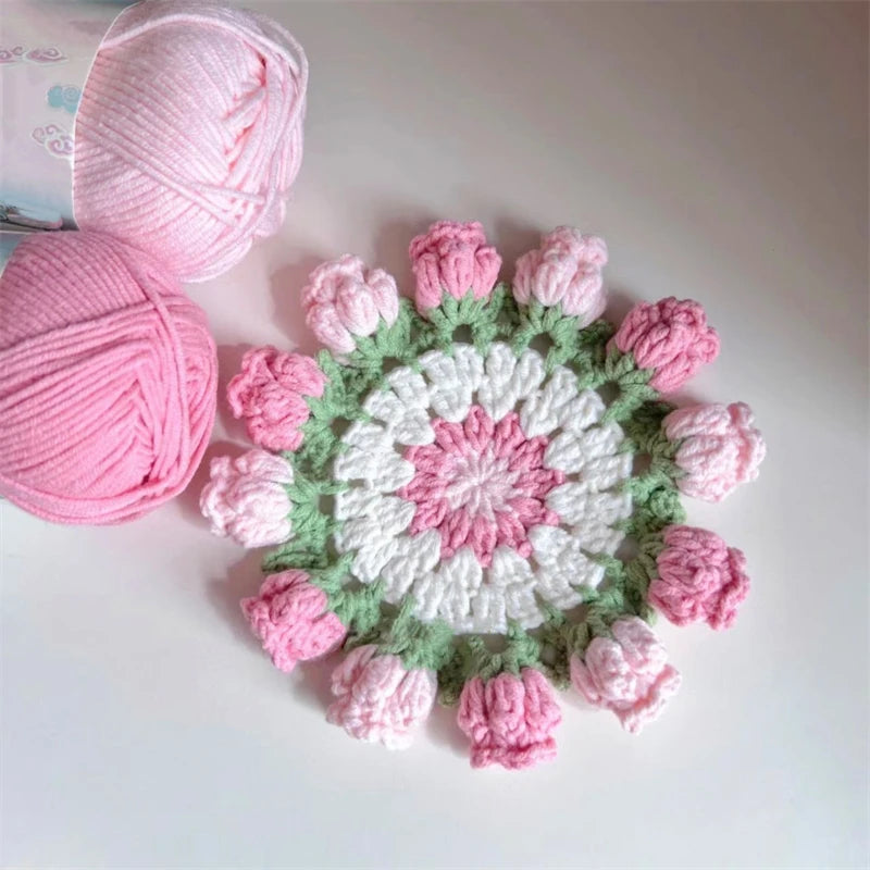 Crochet Rose Flower Drink Coasters for Coffee Tables Handmade Style Floral Kitchen Decor