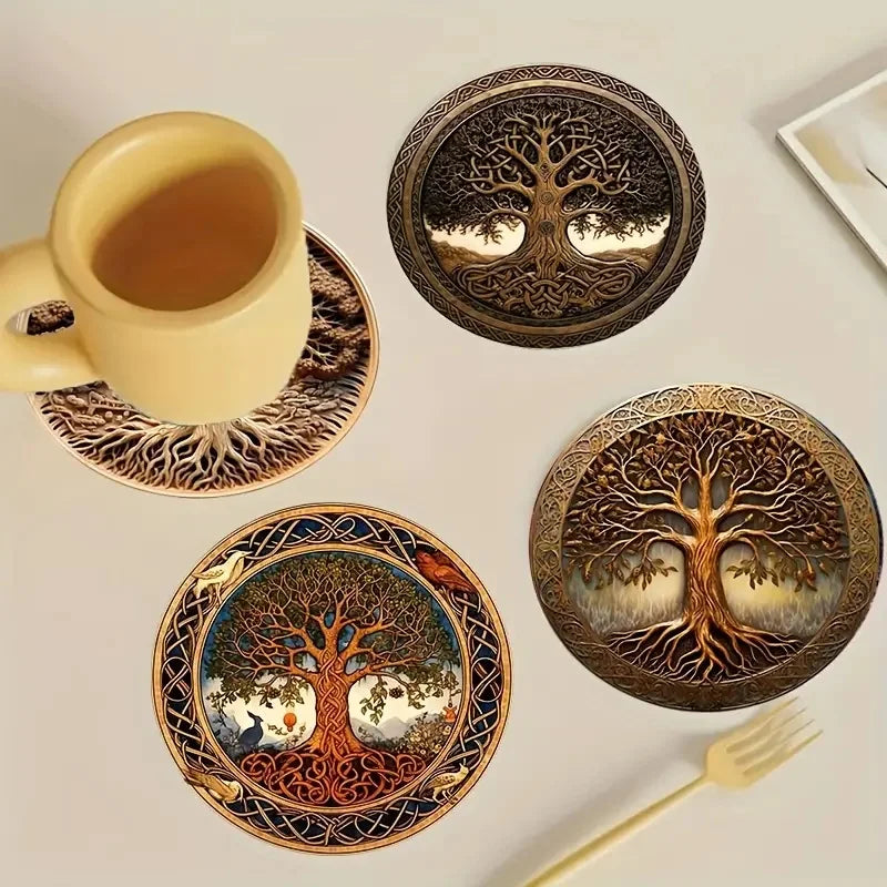 Tree Pattern Wooden Coaster Set of 8, 10 cm Nature Inspired Drink Mats for Coffee Tables, Tea Cups and Everyday Hosting