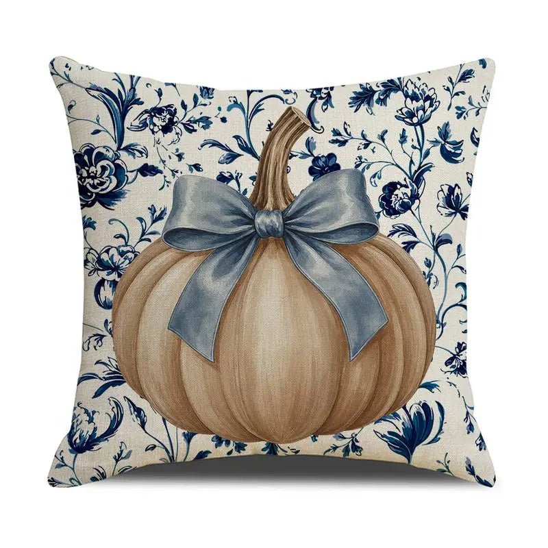 Blue Harvest Pumpkin & Bow Pillow Cover