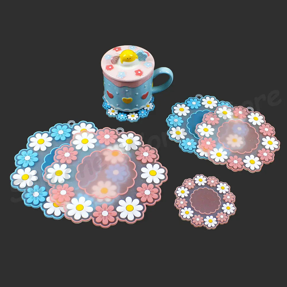 Sakura and Daisy Floral PVC Drink Coaster | Soft Flower Cup Mat in Pink White or Blue for Cheerful Tables