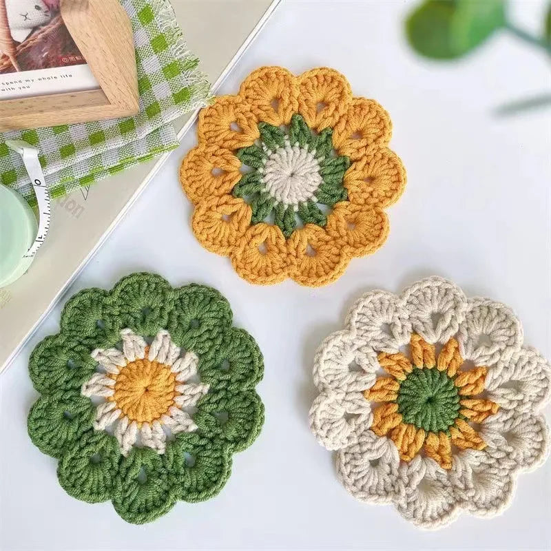 Crochet Flower Drink Coaster Set of 3 for Coffee Tables Soft Floral Kitchen Decor and Gifts