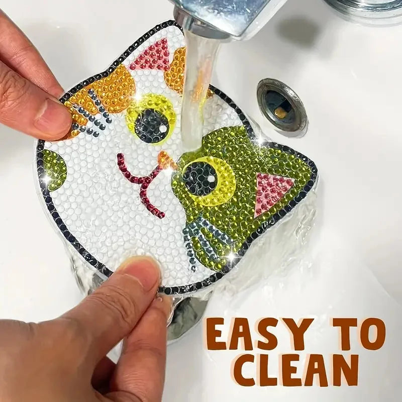 Cute Cat DIY Diamond Painting Coaster Kit Set of 10 | Colorful Round Mosaic Cup Mats for Craft Lovers