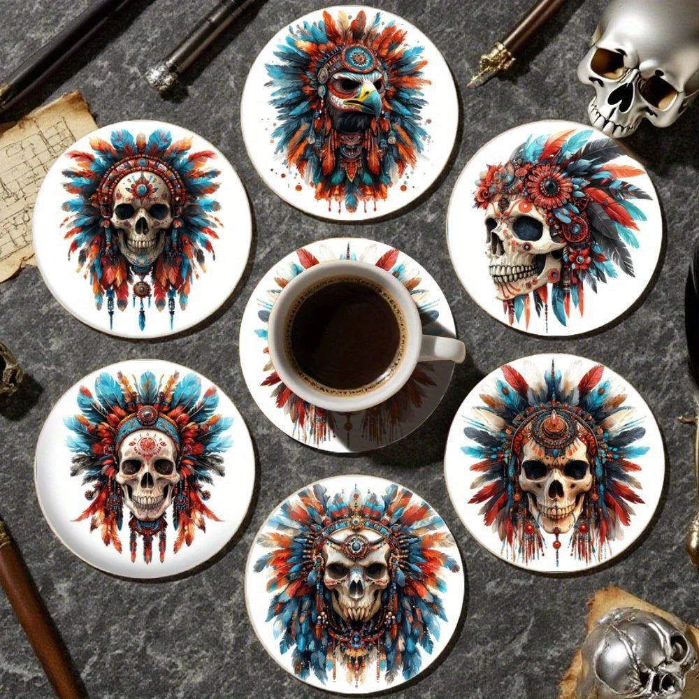 Floral Skull Wooden Drink Coasters, Set of 6 Printed 10 cm Cup Mats for Halloween Tables, Coffee Corners and Themed Gatherings