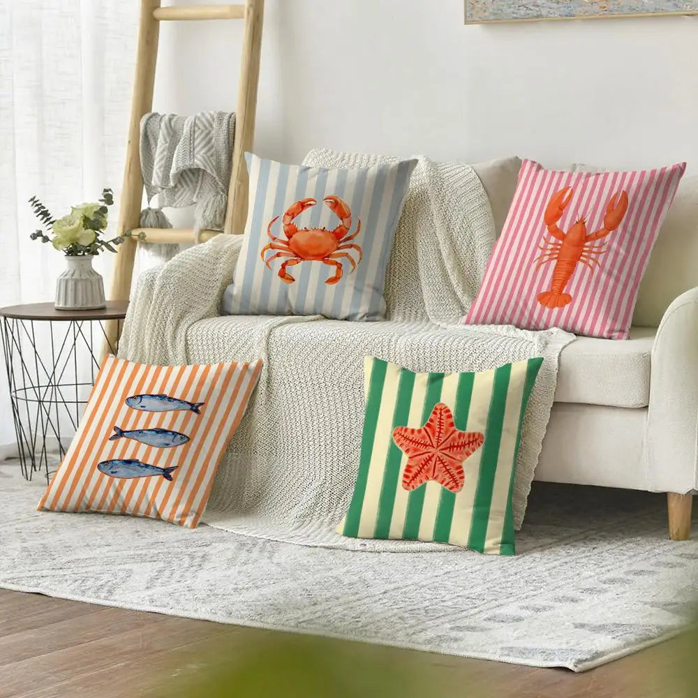 Ocean Life Theme Striped Cushion Cover Organic Linen Pillow Case Double-Sided Print Cushion Cover for Sofa Home Decor Gift
