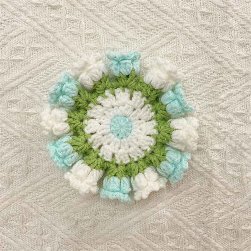 Crochet Rose Flower Drink Coasters for Coffee Tables Handmade Style Floral Kitchen Decor