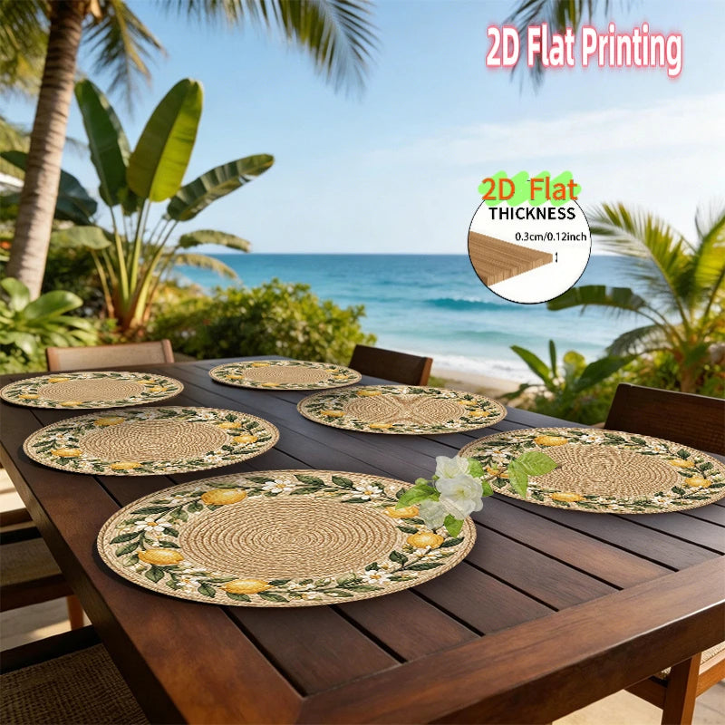 Lemon and Floral Rattan-Look Wooden Table Mats Set of 4, Flat Printed Placemats for Cheerful Dining and Summer Hosting
