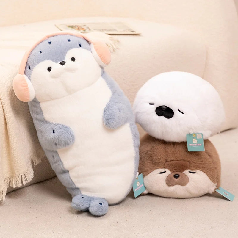 High Quality Cartoon Earphone Seal Sea Otter Plush Toy Ball Round Cushion Throw Pillow for Kids Birthday Gift School Nap Sleep