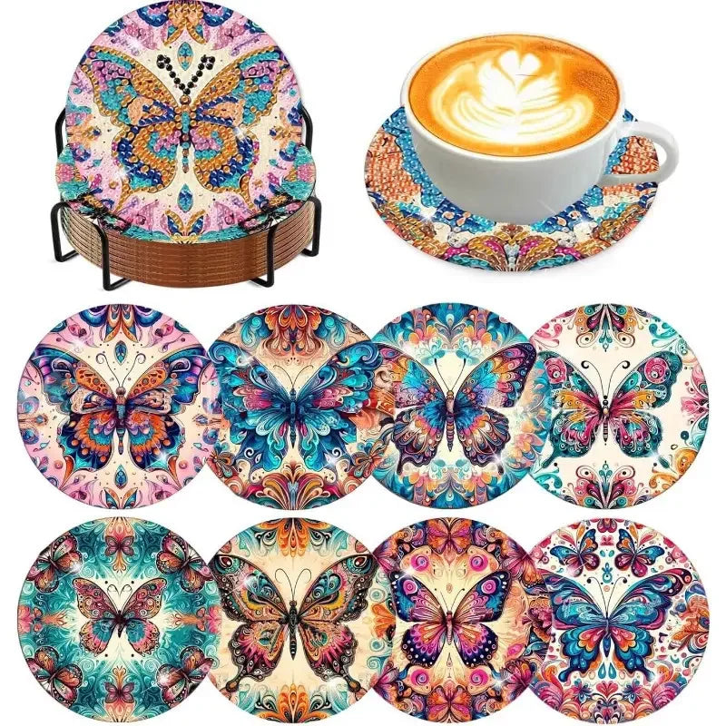 Butterfly Diamond Painting Coaster DIY Kit of 8 with Holder, 9.7 cm Sparkling Craft Drink Mats for Adults and Creative Gifts