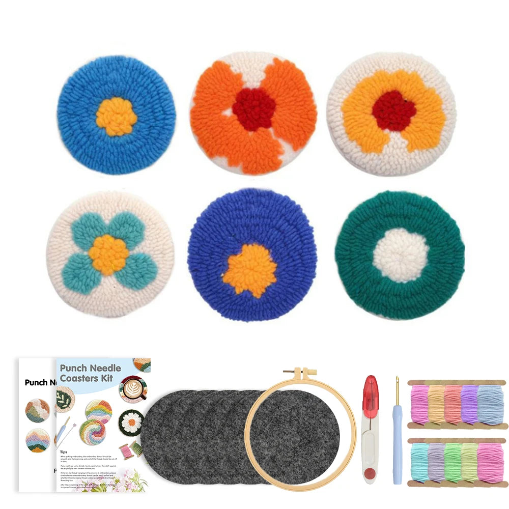 Flower Pattern Punch Needle Coaster Craft Kit for Beginners Tufted Mug Rugs and Creative Gifts