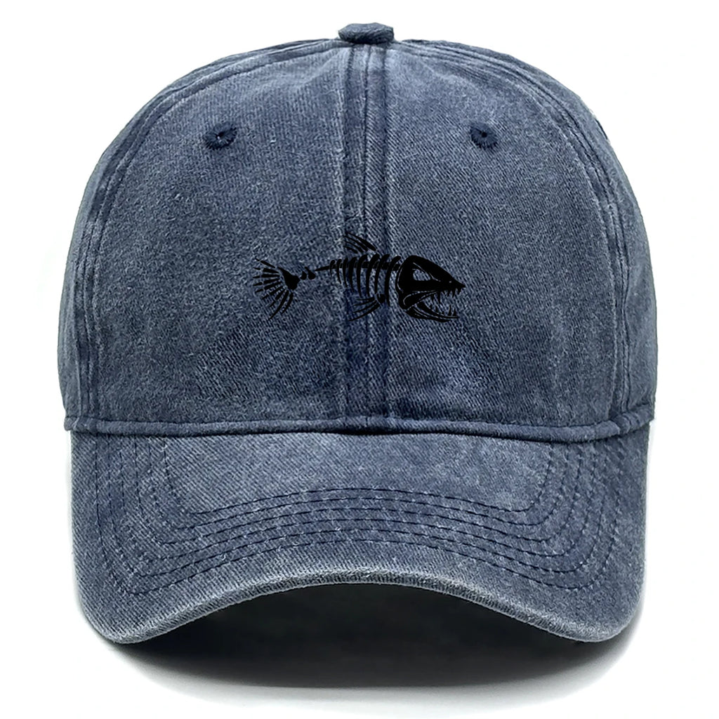 Vintage Washed Fish Skeleton Baseball Cap | Distressed Unisex Snapback Trucker Hat