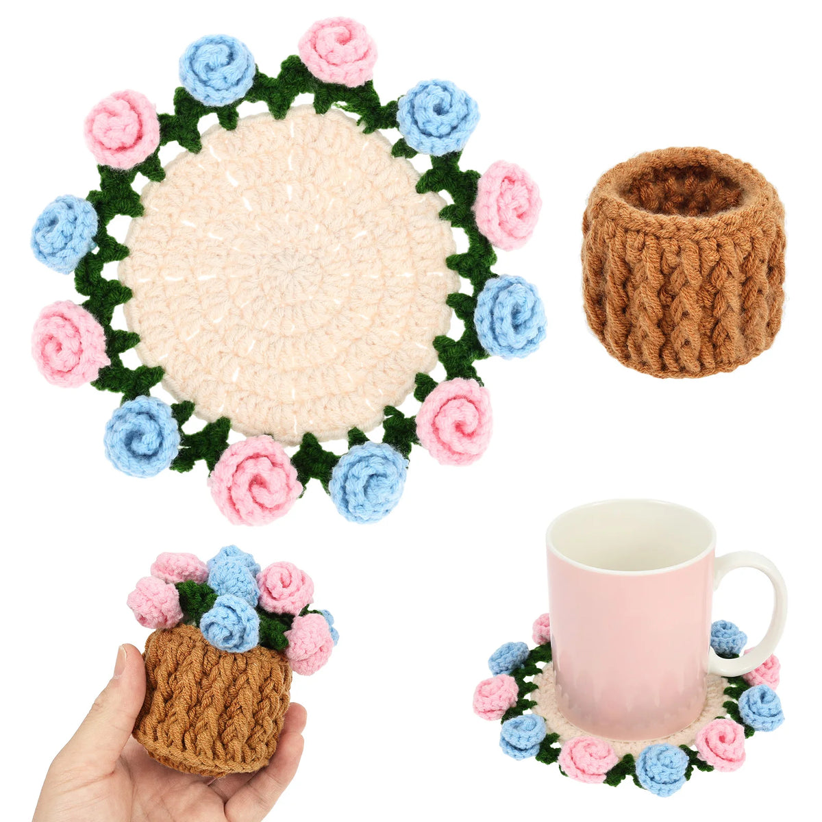 Crochet Rose Bouquet Drink Coasters for Coffee Tables Handmade Style Floral Home Decor