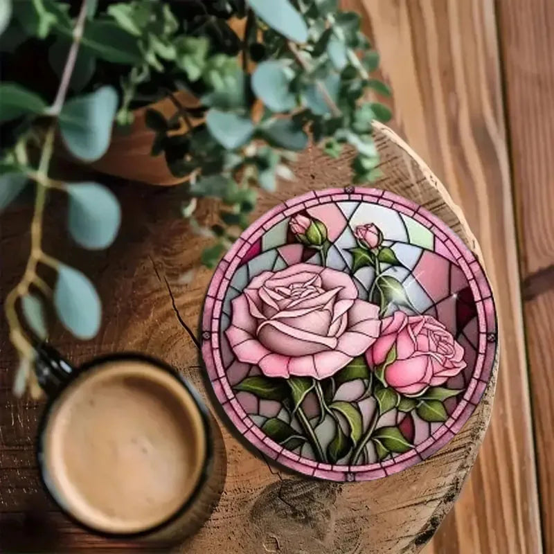 Floral Wooden Drink Coaster Set for Coffee Tables Cafe Style Kitchen Decor and Everyday Entertaining