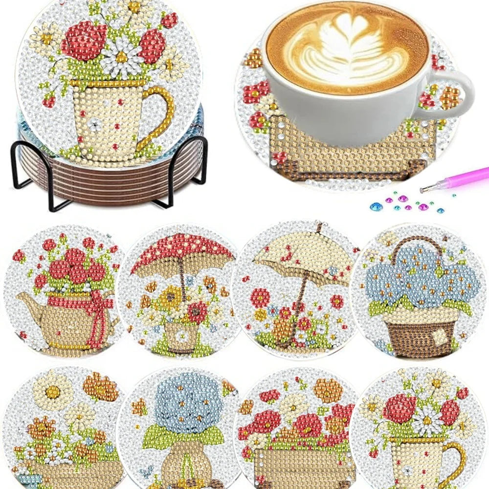 Flower Garden Diamond Painting Drink Coaster Set with Holder DIY Table Decor and Creative Gift