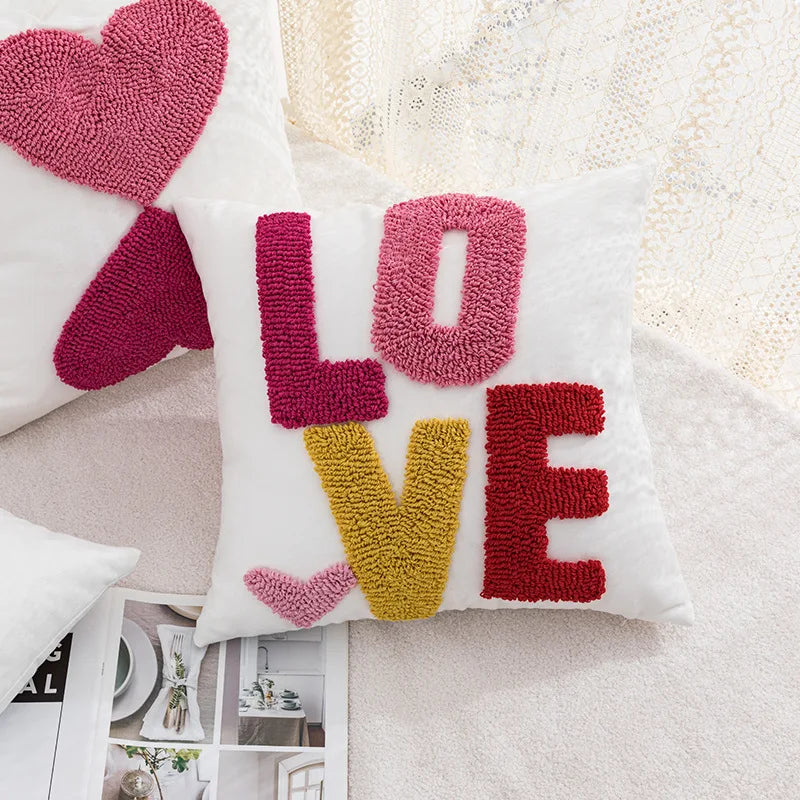 Daisy & Heart Embroidered Pillow Cover – 18 × 18 Romantic Floral Sofa Cushion Case