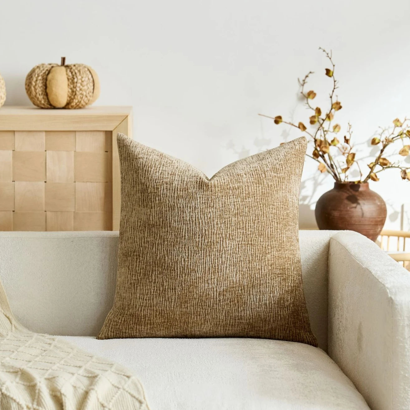 Textured Pleated Chenille Throw Pillow Cover Natural Earth Tone Cushion Case for Sofa Bed Living Room Décor 45x45cm 50x50cm