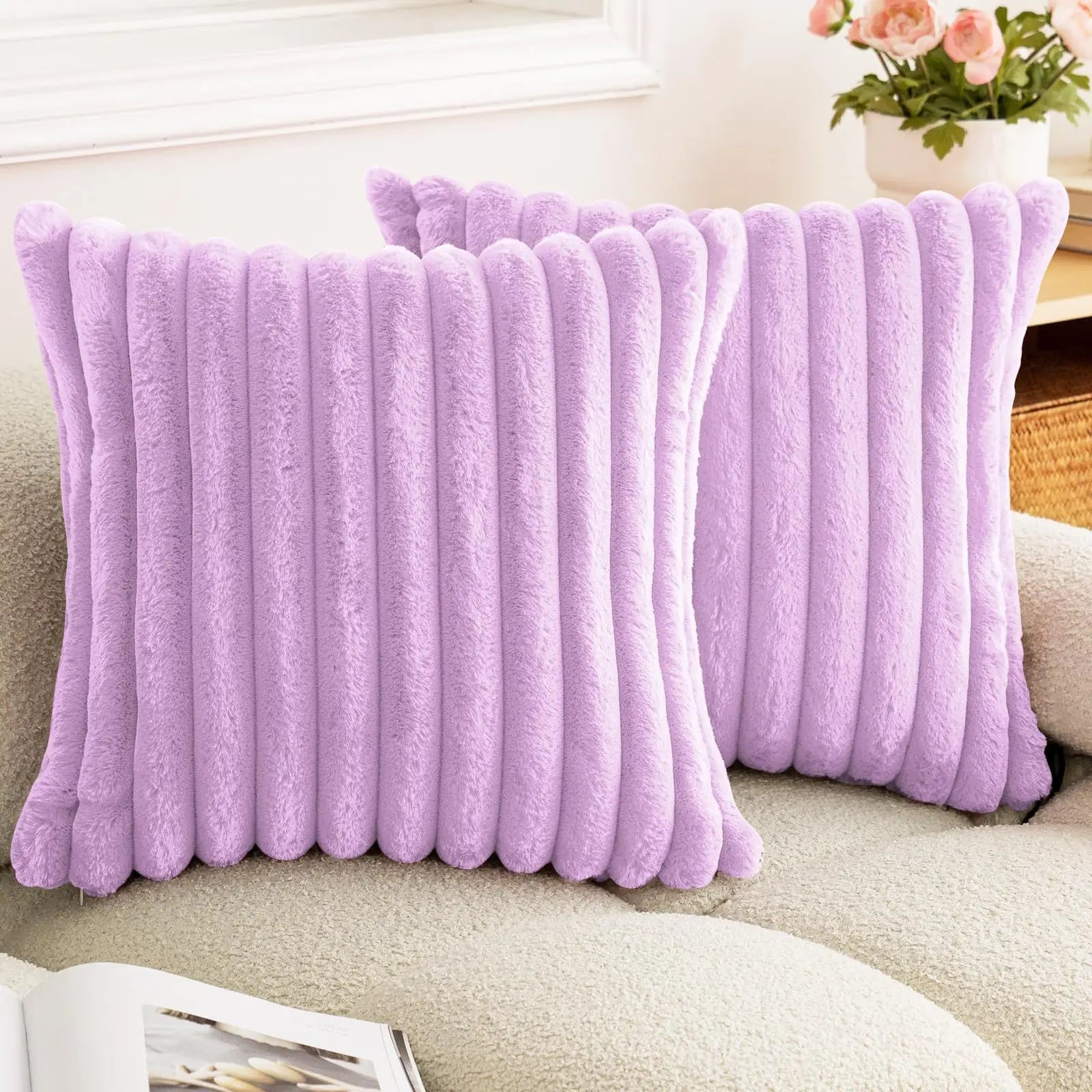40x40 45x45 Faux Rabbit Fur Square Cushion Cover New Big Thick Striped Super Soft Solid Color Pillow Cover Sofa Decor Pillowcase