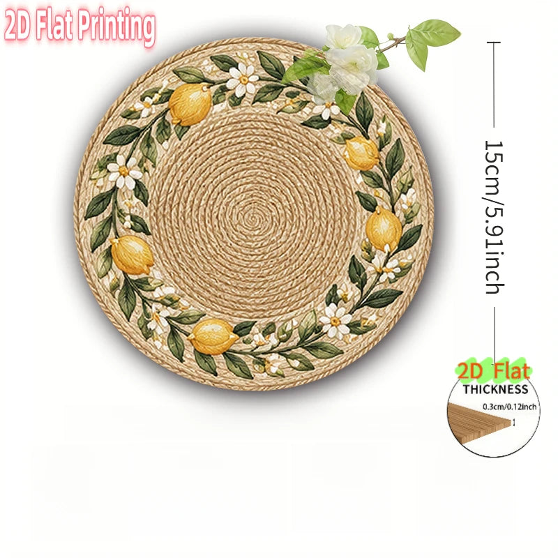 Lemon and Floral Rattan-Look Wooden Table Mats Set of 4, Flat Printed Placemats for Cheerful Dining and Summer Hosting